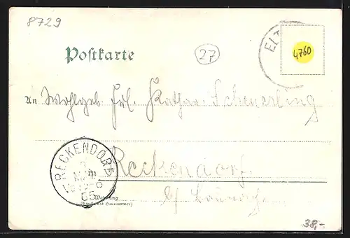 Lithographie Eltmann, Teilansicht, Wallburg, Rathaus