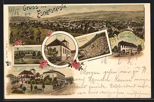Lithographie Eschershausen, Hotel Müller, Steinbruch Watermann, Kirche