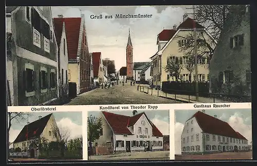 AK Münchsmünster, Gasthaus Rauscher, Konditorei von Theodor Rapp, Oberförsterei