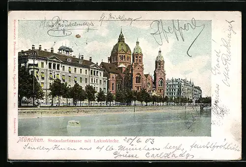 AK München, Steinsdorfstrasse mit Lukaskirche