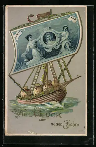 AK Boot mit Geldschein als Segel in Fahrt, Neujahrsgruss