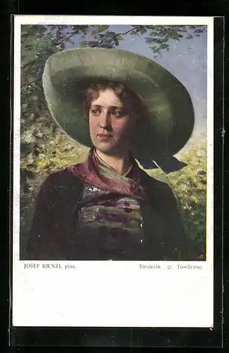 AK Tirolerin mit breitkrempigem Hut in der Sonne