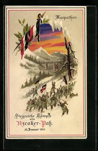 Künstler-AK Uzraoker-Pass, Soldaten im Kampf in den Karpathen 1915, Propaganda 1. Weltkrieg