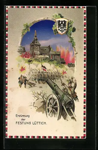 Künstler-AK Erstürmung der Festung Lüttich, Propaganda 1. Weltkrieg