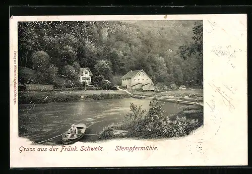 AK Stempfermühle in der Fränk. Schweiz, Boot am Ufer nahe der Mühle