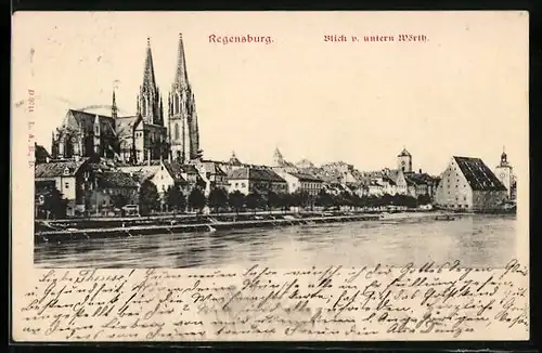 AK Regensburg, Blick v. unteren Wörth mit Dom St. Peter