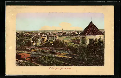 AK Erlangen, Panorama mit Kirche und Gartenhäuschen