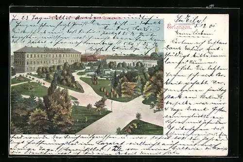 Lithographie Erlangen, Schloss mit Schlossgarten und Orangerie