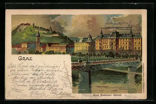 Lithographie Graz, die neue Radetzky-Brücke