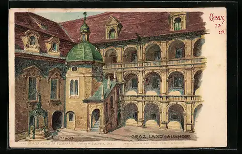 Lithographie Graz, Landhaushof mit Treppenaufgang