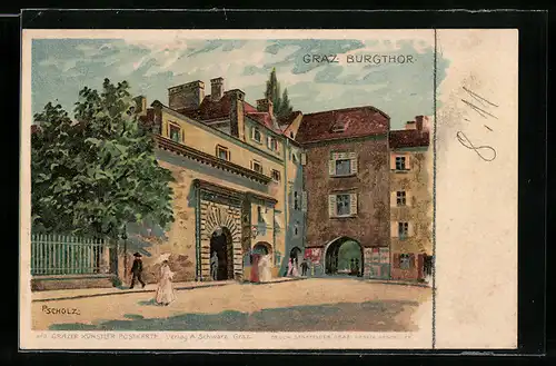 Lithographie Graz, Passanten am Burgthor