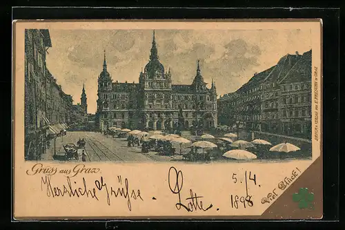 AK Graz, Wochenmarkt auf dem Marktplatz, Rathaus, Geschäfte, Leute um 1900