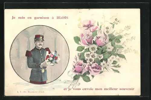 AK Blois, Soldat mit Blumen, Passepartout
