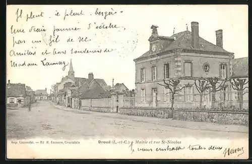 AK Droué, Mairie et rue St-Nicolas