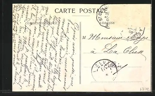 AK Saint-Claude, Schriftzug Salut als Fotomontage mit Denkmal, Frau mit Korb und Ortspartie