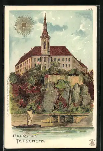 Lithographie Tetschen-Bodenbach / Decin, Wasserpartie mit Kirche