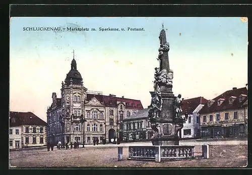 AK Schluckenau / Sluknov, Marktplatz mit Sparkasse & Postamt