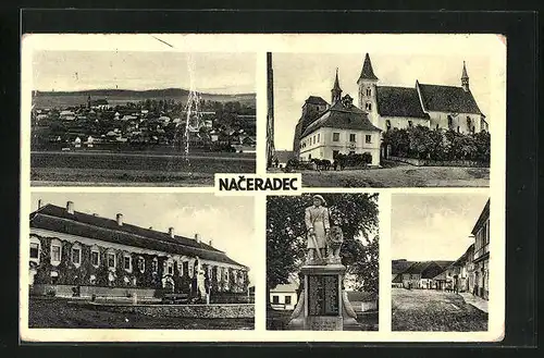 AK Naceradec, Ortsansicht, Blick zur Kirche, Denkmal, Strassenpartie
