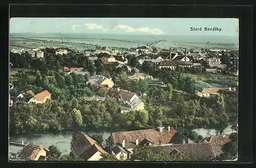 AK Stare Benátky, Panorama, Flusspartie, Blick auf Ort