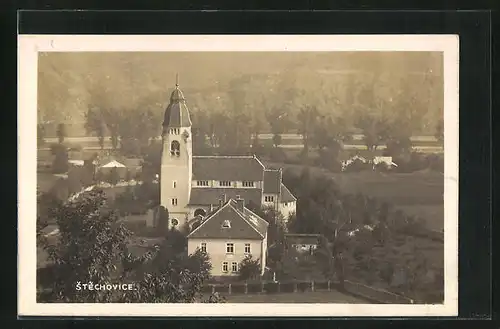 AK Stechovice, Blick zur Kirche aus der Vogelschau