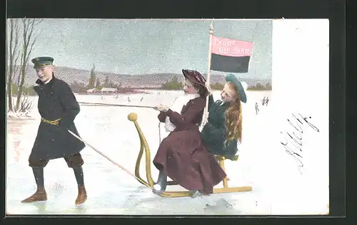 AK Kinder fahren mit dem Schlitten durch den Schnee, Neujahrsgruss
