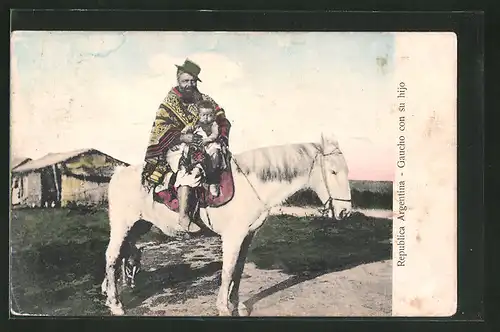 AK Argentinischer Gaucho mit Kind auf seinem Pferd