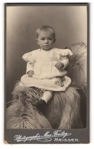 Fotografie Max Freitag, Meissen, Portrait niedliches Kleinkind auf einem Fell sitzend