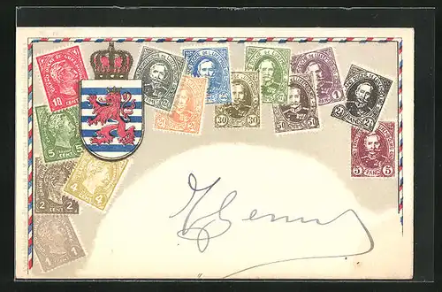 Präge-Künstler-AK Luxembourg, Briefmarken und Wappen