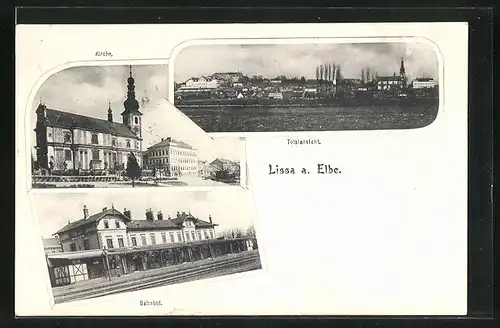 AK Lissa / Lysa, Kirche, Totalansicht, Bahnhof / Nadrazi