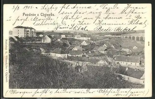 AK Chynov, Ortspartie mit Brücke im Hintergrund