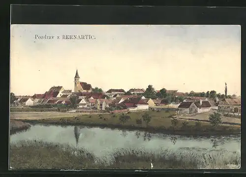 AK Bernartice, gemalte Dorfsansicht
