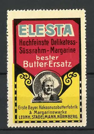 Reklamemarke Elesta hochfeinste Delikatess-Süssrahm-Margarine, Margarinewerke Leonh. Stadelmann, Nürnberg, Bäcker