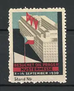 Reklamemarke Prag, Mustermesse 1930, Gebäudeansicht mit Messelogo