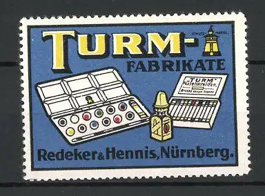 Reklamemarke Turm Fabrikate, Redeker & Hennis, Nürnberg, Tinte, Malkasten und Pastellkreide