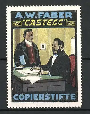 Reklamemarke Castell Copierstifte, A. W. Faber, Professor am Schreibtisch sitzend