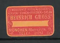 Präge-Reklamemarke Frisier-Salon Heinrich Gross, Maffeistrasse 9. München