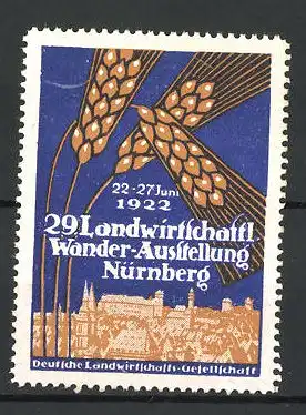 Reklamemarke Nürnberg, 29. Landwirtschaftl. Wander-Ausstellung 1922, Stadtpanorama und Getreideähre