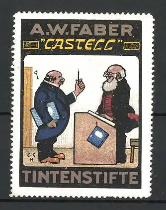 Reklamemarke Castell Tintenstifte, A. W. Faber, zwei Professoren in einem Gespräch
