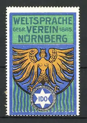 Reklamemarke Weltspracheverein IDO Nürnberg, gegründet 1885, Wappen