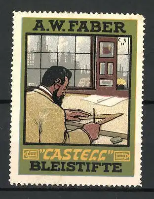 Reklamemarke Castell Bleistifte, A. W. Faber, Architekt mit Stift und Lineal am Schreibtisch