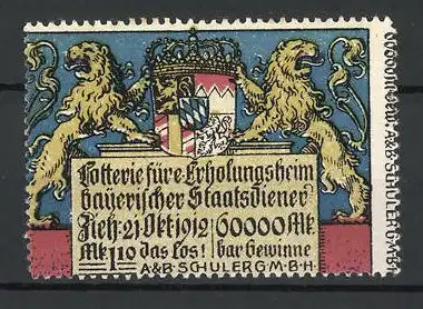 Reklamemarke Lotterie für e. Erholungsheim bayerischer Staatsdiener 1912, Löwen mit Stadtwappen