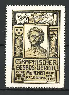 Reklamemarke Graphischer Gesang-Verein München, Dir. J. Edelmann, Büste und Lyra
