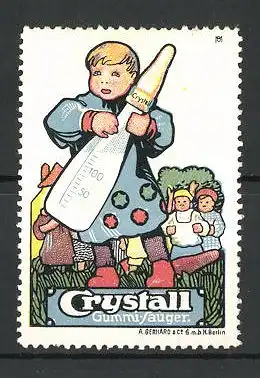 Reklamemarke Crystall Gummi-Sauger, Kind mit Nuckelflasche