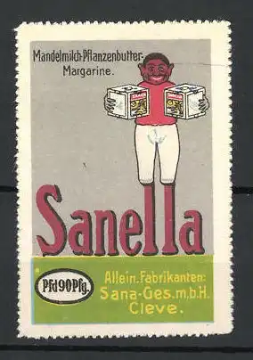 Reklamemarke Sanella Mandelmicl-Pflanzenbutter-Margarine, Sana GmbH, Cleve, Knabe mit Margarinewürfeln