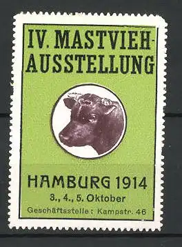 Reklamemarke Hamburg, IV. Mastvieh-Ausstellung 1914, Portrait eines Ochsen
