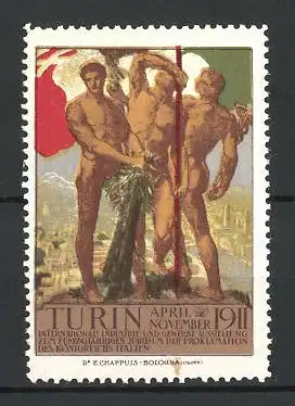 Reklamemarke Turin, Internationale Industrie- und Gewerbe-Ausstellung 19121, nackte Sportler mit Flagge