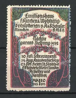 Reklamemarke Emissionshaus f. Kirche & Wohltätigkeitslotterien von A. & B. Schuler 1912