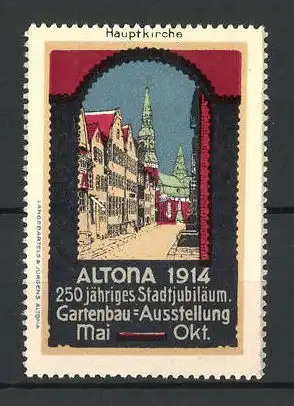 Reklamemarke Altona, Gartenbau-Ausstellung 1914, Teilansicht mit Hauptkirche