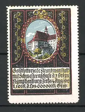 Reklamemarke Geldlotterie f. e. Krankenanstalt mit Schwesternschule Nymphenburg 1912, Gebäudeansicht