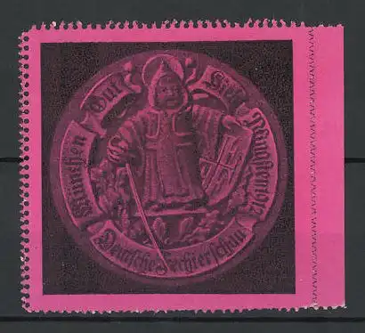 Reklamemarke München, Deutsche Fechterschau 1912, Münchner Kindl mit Degen und Wappen Gut Hieb